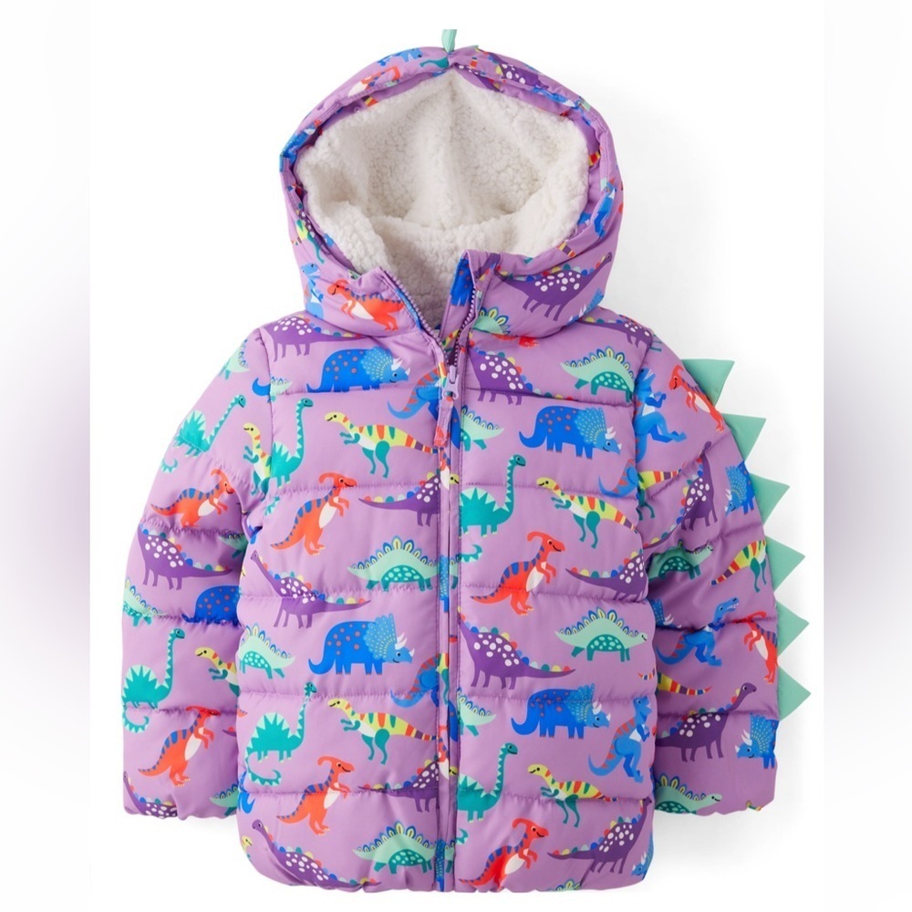💜 Girls Dinosaur Puffer Jacket - Dino Friends - Violet twist FREE DINO TIGHTS